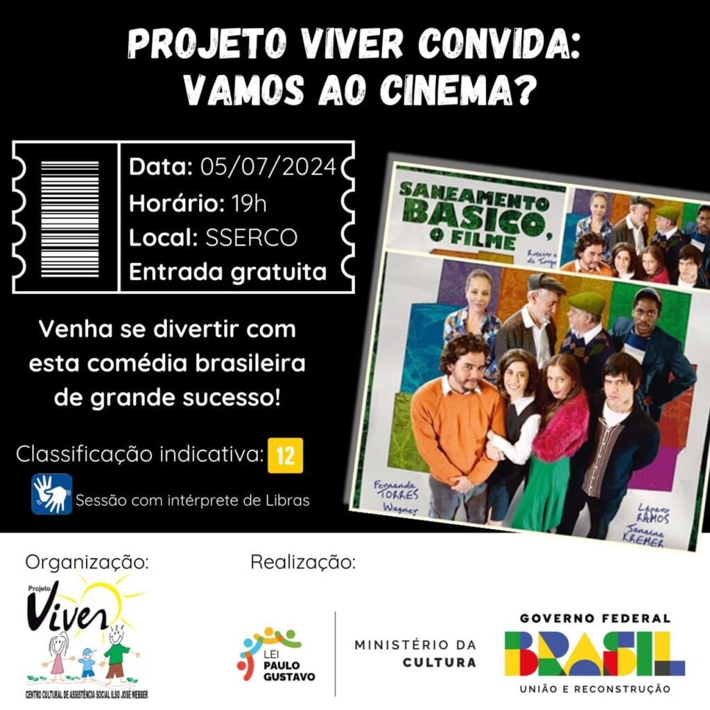 Projeto Viver convida: Vamos ao cinema? "Saneamento Básico, o filme" é indicado para maiores de 12 anos e é um grande sucesso do cinema nacional, que promete boas risadas! Sinopse: Os moradores de uma vila de descendentes de colonos italianos localizada na serra gaúcha, reúnem-se para tomar providências a respeito da construção de uma fossa para o tratamento do esgoto. A secretária da prefeitura reconhece a necessidade da obra, mas informa que não terá verba para realizá-la. Entretanto, a prefeitura dispõe de quase R$ 10 mil para a produção de um vídeo. Este dinheiro foi dado pelo governo federal e, se não for usado, será devolvido em breve. Surge então a ideia de usar a quantia para realizar a obra e rodar um vídeo sobre a própria obra, que teria o apoio da prefeitura. Porém a retirada da quantia depende da apresentação de um roteiro e de um projeto do vídeo, além de haver a exigência que ele seja de ficção. Desta forma os moradores se reúnem para elaborar um filme, que seria estrelado por um monstro que vive nas obras de construção de uma fossa. Venha curtir um cinema, com direito a pipoca e muita diversão! 🤩 🎬 O filme inicia às 19h O espaço estará aberto à partir das 18h30min, pra você garantir seu lugar. * Este projeto está sendo realizado com recursos da Lei Paulo Gustavo, através do Chamamento Público n° 01/2023, do município de Coxilha/RS *